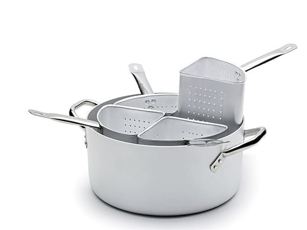 Casseruola in alluminio con maniglie in acciao Inox con quattro colapasta a spicchi, diametro 360 mm