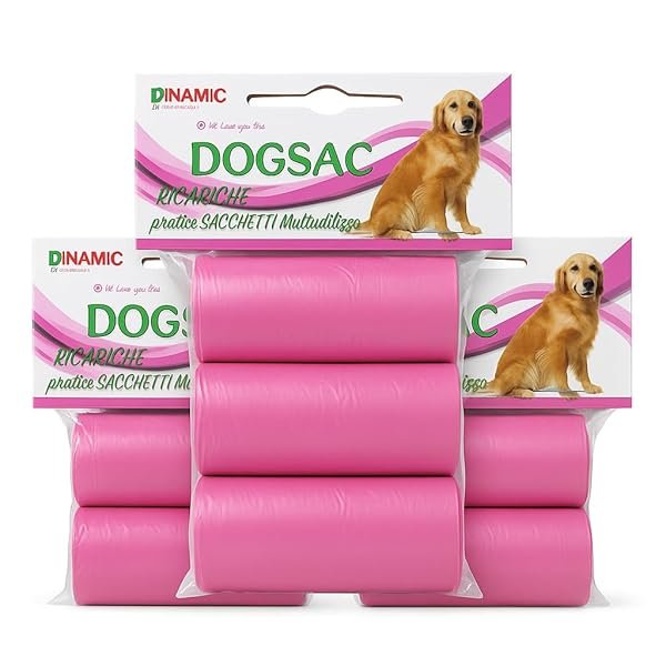 DOGSAC Sacchetti Igienici per Cani, 22x32 cm, 3 Rotoli x 15 Pezzi, Rosa, Multiutilizzo 3 confezioni