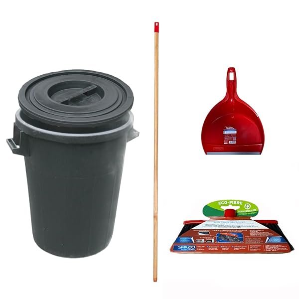 Generico Bidone per Immondizia Rifiuti in Plastica Nero con Coperchio + Scopa, Manico in Legno e Paletta