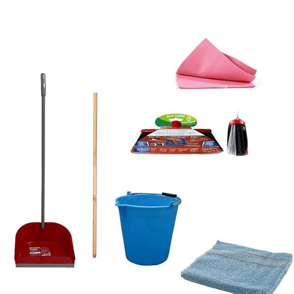 MERYLIN SHOP Kit Pulizia per La Casa, Ufficio con Manico in Legno, Scopa, Panno Pavimenti, Panno Asciuga, Paletta e Secchio