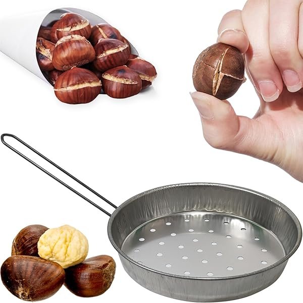 MERYLIN SHOP Padella Forata per Caldarroste, 26 cm, Metallo con Manico in Filo, per Fornelli a Gas, fuoco vivo con tagliacastagne incluso - immagine 3