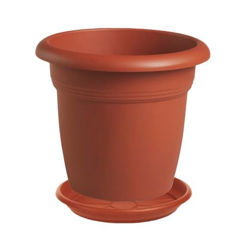 Vaso rotondo per fiori e piante + Sottovaso, Plastica Color Terracotta Omaggio Sassi Ornamentali Colorati - Esterno, Giardino, Balcone