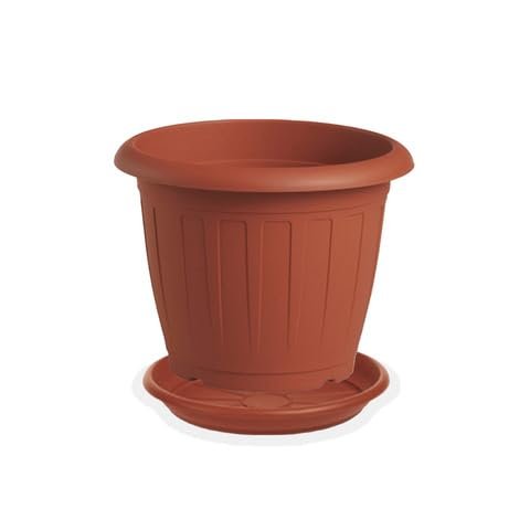 Vaso rotondo rigato per fiori e piante + Sottovaso, Plastica Color Terracotta - Esterno, Giardino, Balcone